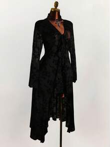 Amplova Conjunto de 2 piezas elegante de talla grande para mujer con blusa de manga acampanada con nudo delantero y estampado floral en malla y falda midi