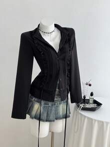 Elamini Y2K 蕾丝荷叶边褶饰纽扣设计长袖休闲修身衬衫，开学季 - 黑色 - 查看 5