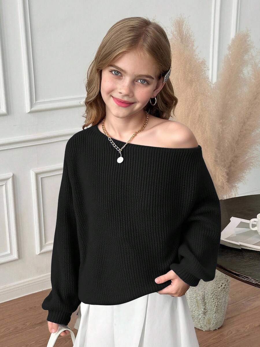 SHEIN Serisse Kids 青少年女孩純黑色長袖針織衫,露肩領口,秋冬休閒假期返校上衣 - 黑色 - 查看 1