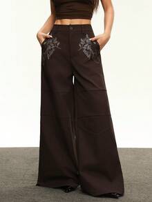 Rina Fox Quần dài thường ngày đính đá Rhinestone thời trang đường phố dành cho nữ, mùa thu - Volcanic Gray - Xem 1