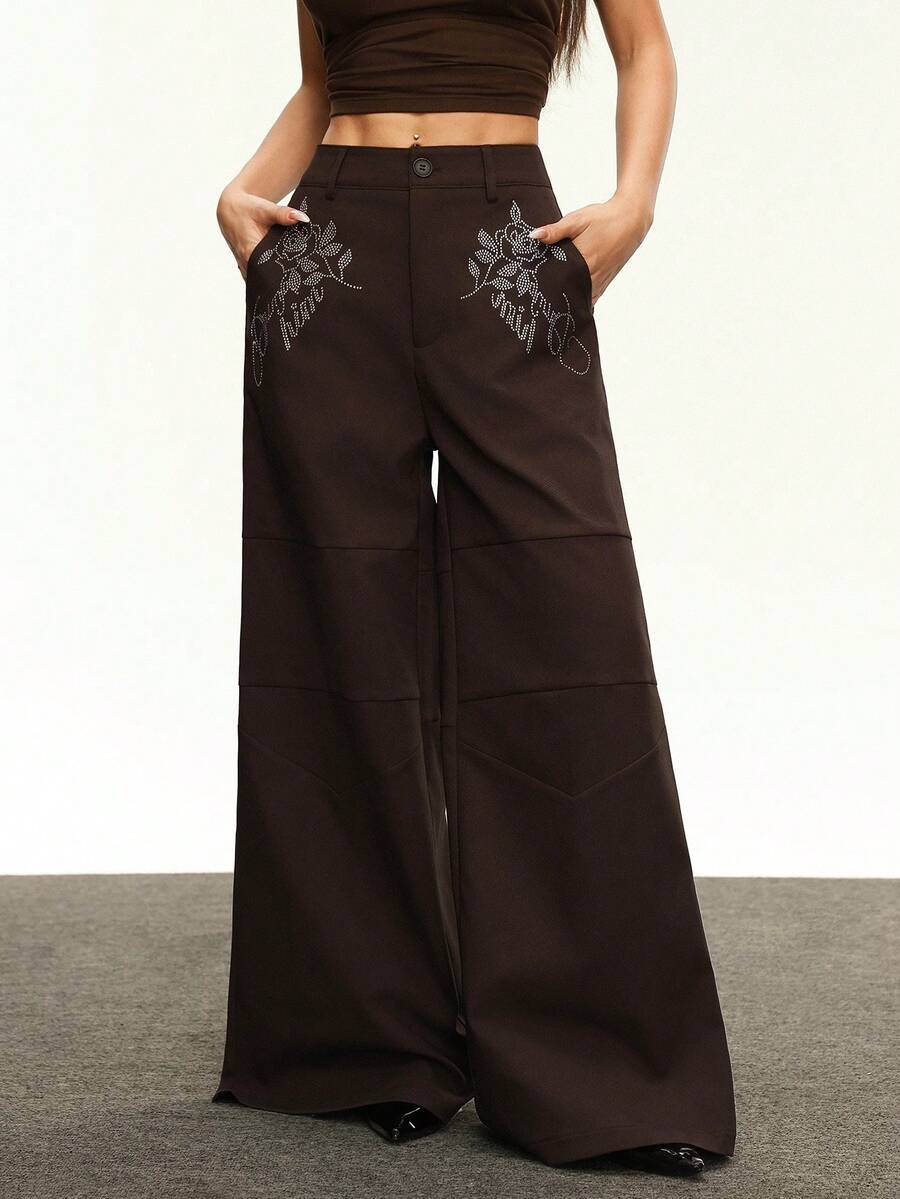 Rina Fox Quần dài thường ngày đính đá Rhinestone thời trang đường phố dành cho nữ, mùa thu - Volcanic Gray - Xem 1