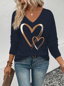 SHEIN LUNE Women's Autumn/Winter New Arrival Bestselling Ombre Big Heart Pattern V-Neck Long Sleeve Casual Versatile T-Shirt - Navy Blue - View 3