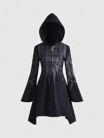Goth Gothic Palace Style Halloween Outfit Castle Print Hooded Flare Sleeve Asymmetrical Hem Fitted Long Sweatshirt For Women