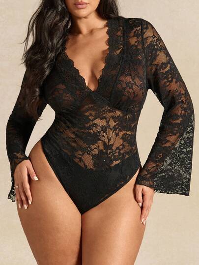 SHEIN BAE Plus Size Women's Long Sleeve Lace Sheer V-Neck Sexy Bodysuit, Suitable For Matching And Going Out, Autumn/Winter,Bodysuit For Ladies Summer,Party Bodysuit For Women,Christmas,Cozy Fall & Winter Styles,Thanksgiving Outfit Women,Prom Bodysuit,Winter Outfit For Women,Evening Bodysuit For Women,Plus Size Women Clothes,Formal Bodysuit,New Year,Valentine's Day,Birthday Bodysuit Plus Size,Elegant