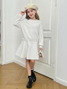 SHEIN Tween Girl Casual Pearl Beaded Loose Long Sleeve Turtleneck Sweater & Ruffle Hem Elegant A-Line Skirt Set, White - White - View 3