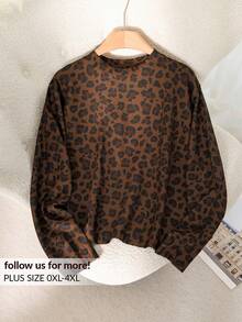CosyJoli Plus Size Women's Elegant French Leopard Print Romantic Graphic Knitted Casual Sweater Top In Fall/Winter - Brown - View 5