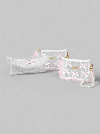 Kawaii 1 pieza Bolsa organizadora portátil de PVC transparente con decoración de cadena de perlas con forma de corazón y lazo, para maquillaje, monedas, auriculares, lápiz labial y joyas, regalo para viajes