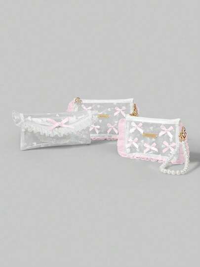 Kawaii 1pc Heart & Bow Pearl Chain Decor PVC Transparent Lace Wristlet Makeup Bag Coin Purse Earphone Lipstick Jewelry Portable Organizer, Gift For Travel