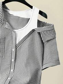 Franclia 女式休闲条纹插肩短袖纹理蓝白衬衫，夏季 - 黑色 - 查看 5