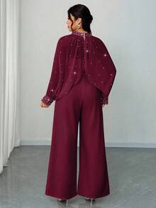 Elenzga 大码女式优雅派对/婚礼雪纺串珠水钻装饰立领长袖上衣和高腰阔腿连体裤两件套，春/秋/冬 - 酒紅色 - 查看 2