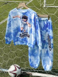 Captain Tsubasa X SHEIN Bộ áo nỉ cổ tròn trễ vai màu xanh và trắng in họa tiết bóng đá cho bé trai tuổi teen cỡ lớn - Màu xanh lam - Xem 1