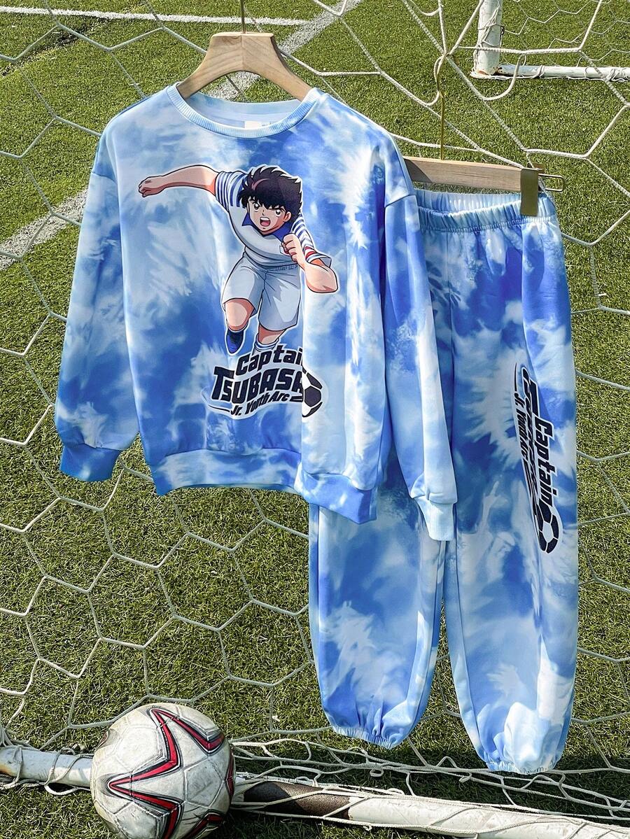 Captain Tsubasa X SHEIN Bộ áo nỉ cổ tròn trễ vai màu xanh và trắng in họa tiết bóng đá cho bé trai tuổi teen cỡ lớn - Màu xanh lam - Xem 1