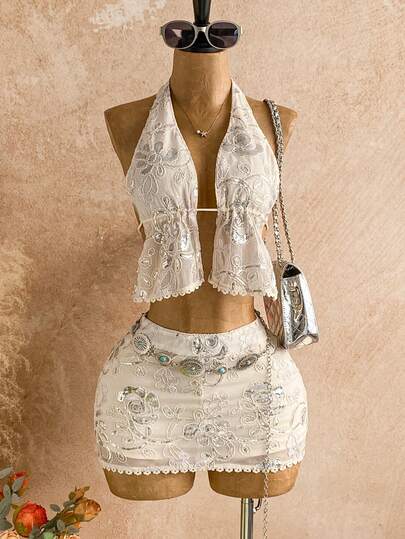 Soleia Women's Romantic Vacation Beaded Embroidered Halter V-Neck Backless Tie Top + Women's Skirt Camisole Top, Suitable For Holiday, Date, Valentine's Day, Afternoon Tea, Party, Wedding Season, Beach, Spring/Summer Vacation, Cruise, Music Festival, Boho Style Lace Two Piece Set Boho Two Piece Set Beach Two Piece Set Two Piece Skirt Set Beach Outfits For Women Set,Party