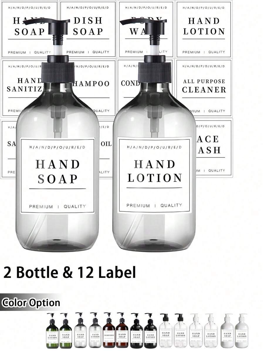 Bộ 2 chai đựng sữa dưỡng thể dạng nhấn 500ml/16oz kèm 12 nhãn chống thấm nước, chai nhựa đựng sữa dưỡng thể có thể tái sử dụng để đựng dầu gội, sữa tắm, dầu xả - Bộ chai rỗng dùng cho phòng tắm khách sạn, trang trí nhà cửa, trang trí mùa thu, trang trí nhà cửa dịp tựu trường. - Nhiều màu - Xem 1