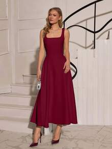 EURMUSE Đầm dài dự tiệc màu trơn thanh lịch cho nữ - Màu Đỏ Sâu - Xem 7