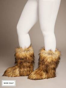 SHUZIA Women's Wide Calf Faux Fur Furry Fluffy Round Toe Winter Comfy Knee-High Boots - Camel - View 7