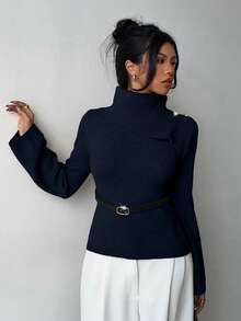 Elenzga Khaki Elegant Flared Sleeve Niche Design Collar, Paired With Brown Metal Fashionable Belt, Women Sweater For Autumn/Winter - Blue - View 7