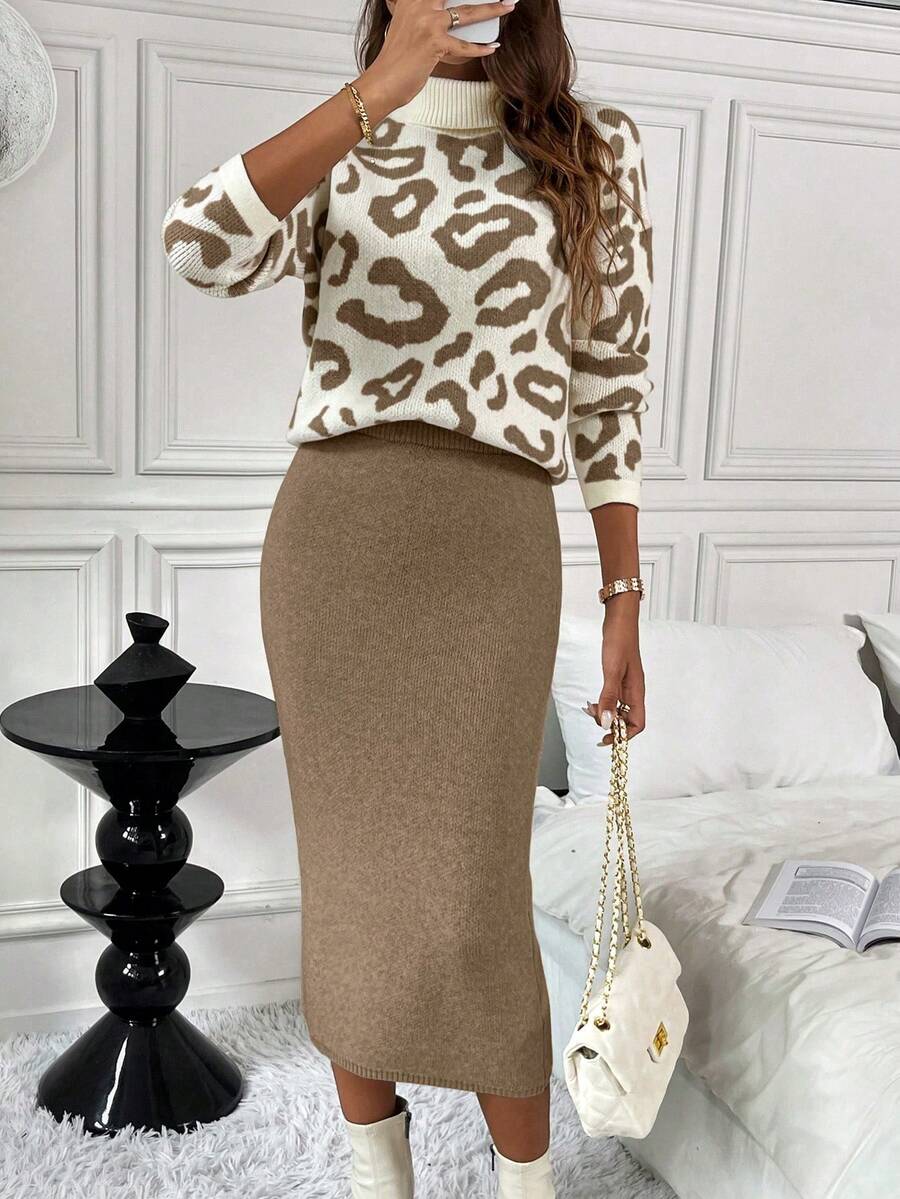 SHEIN Clasi 2pcs Leopard Print Fitted Elegant Knit Sweater Set - Mocha Brown - View 1