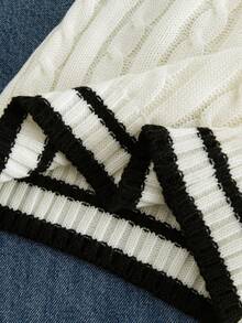 SHEIN Áo len cổ chữ V kẻ sọc thường ngày cho bé gái tuổi mới lớn, phong cách học thuật, mùa thu/đông - Đen và trắng - Xem 5