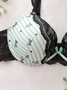 DelicateAllure 3/4 Cup Underwire Bra With Lift And Cleavage Enhancement, Cute Bow Accent, Striped, Color Block, Lace, Satin Finish Ladies Lingerie - Green - View 6