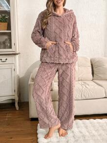 SHEIN Women's Plush Jacquard Hooded Long Sleeve Top & Wide Leg Pants Fluffy Pajama Clothes Set, Winter Cozy Sets Women Women Lounge Set Winter Fluffy Pajamas Women Coffee Fluffy Pajamas Homewear Women - Mauve Purple - View 5