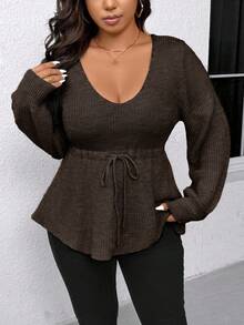 EMERY ROSE Plus Size Women Pullover Sweater With Cinched Waist Design, A-Line Silhouette, Elegant - Coffee Brown - View 4
