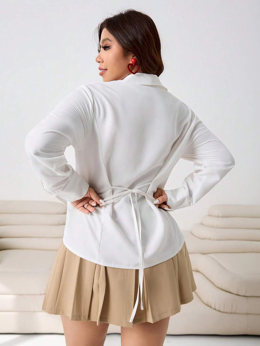 Solflare Plus Size Women Casual Solid Color Shirt, Autumn/Winter - White - View 1