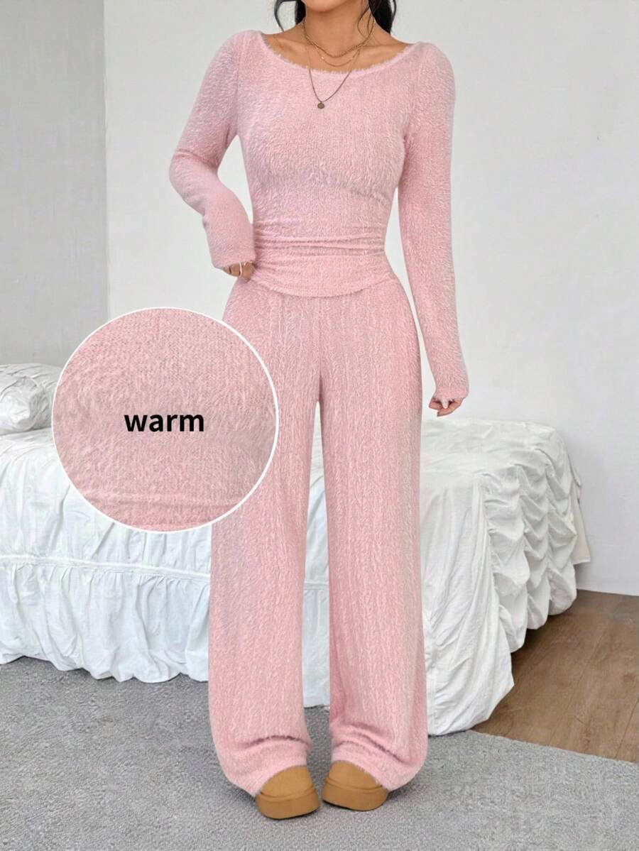 SHEIN EZwear Pink Winter Clothes Casual Sets For Women 2pcs/Set Women Casual Pink Knitted Ruffle Long Sleeve Top And Pants Set - Pink - View 1