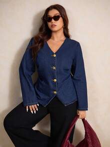 Elaquor Plus Size Solid V-Neck Button Front Casual Versatile Long Sleeve Denim Shirt