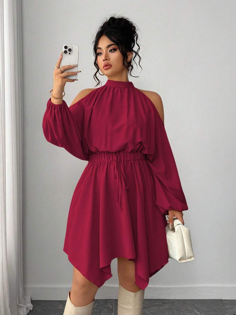 Elenzga Plus Size Women's Solid Color New Arrival Ruched Halterneck Long Sleeve Round Neck Elastic Waist Asymmetrical Hem Lantern Sleeve Bowknot Date Night Elegant Sophisticated Casual Loose Halter Minimalist Chic Street Style Romantic Graceful Autumn Dress - Burgundy - View 1