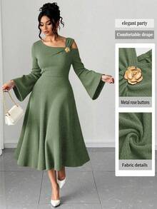 Elenzga Plus Size Women Solid Color Knitted Ribbed Asymmetric Shoulder Flare Sleeve Ruffle Trim Bodycon Maxi Elegant Party Dress - Mint Green - View 1