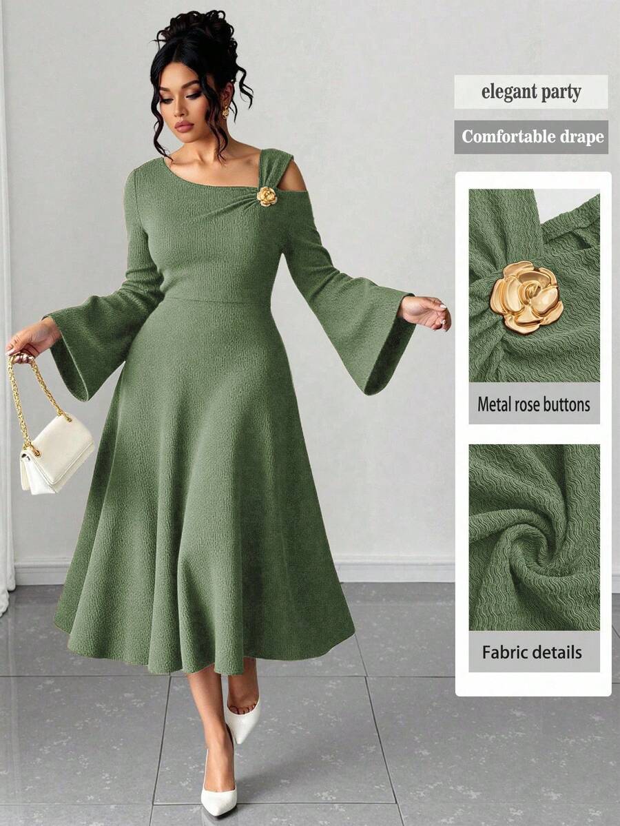 Elenzga Plus Size Women Solid Color Knitted Ribbed Asymmetric Shoulder Flare Sleeve Ruffle Trim Bodycon Maxi Elegant Party Dress - Mint Green - View 1