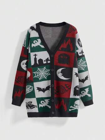 Goth Cardigan casual a maniche lunghe da donna in maglia jacquard con motivi gotici di pipistrelli, luna, ragnatela e tombe