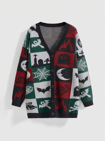 Gothic Christmas Bat, Moon, Spider Web, Grave Jacquard Knit Casual Long Sleeve Cardigan For Women