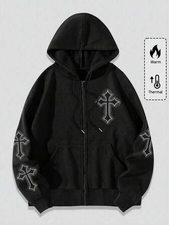 Goth Men Cross Print Zip Up Drawstring Thermal Hooded Sweatshirt, School, For Fall Winter
