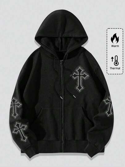 Goth Men Cross Print Zip Up Drawstring Thermal Hooded Sweatshirt, School, For Fall Winter