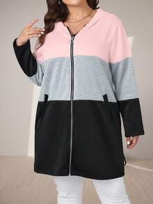 Momelise Plus Colorblock Zip Up Hooded Coat Fall Winter Cloth For Women Autumn