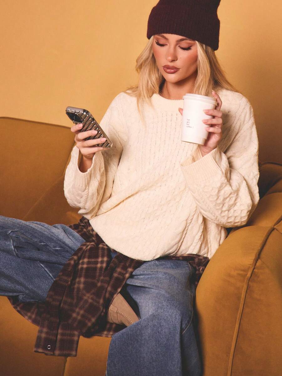MISSGUIDED 超大号粗针织毛衣冬季时尚套头衫粗针织长袖保暖经典休闲舒适日常针织学院风毛衣秋冬季 - 杏色 - 查看 1