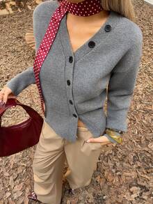 DAZY Cárdigan de mujer con cuello en V, decoración de botones y cintura ceñida, suéter de punto casual - Gris - Ver 5