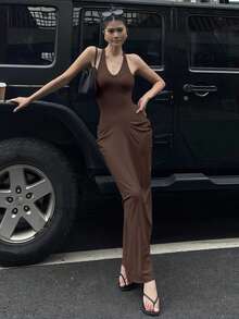 Dazy Tall 女款深V領修身長版無袖背心洋裝，性感休閒陽光洋裝，適合高個女性 - 咖啡棕 - 查看 5