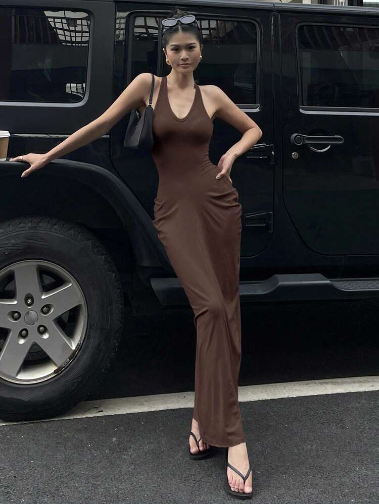 Women's Deep V-Neck Fitted Long Sleeveless Camisole Dress, Sexy Casual Dress SunDress