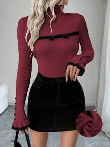 SHEIN LUNE Women's Turtleneck Ruffle Button Design Long Sleeve Knit Pullover Sweater With Bow, Tight Fit Thermal Lining - Red - View 5
