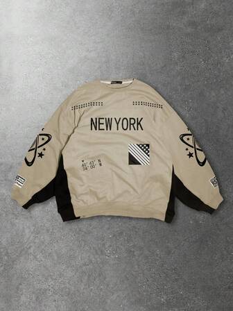 Street Life Men's Letter Print Color Block Pullover Sweatshirt