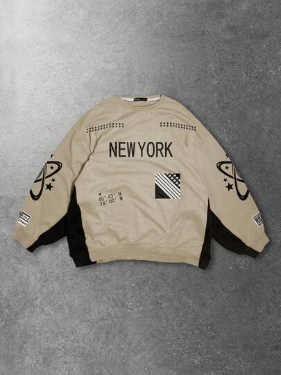 Sweat-shirt-shirt col rond à imprimé lettres et blocs de couleurs pour hommes