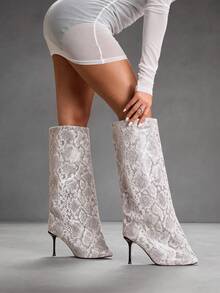 Daringsoles Snake Print Mid Calf Pointed Toe Stiletto Heel Boots With Zipper Closure Fall Winter Fashion