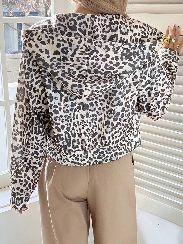 Women's Leopard Print Cropped Hooded Zip-Up Casual Street Style Sweatshirt, Autumn/Winter Hoodies
