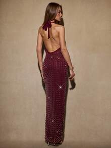 SHEIN BAE 秋冬夜总会派对鸡尾酒宴会服装，纯色酒红色/勃艮第酒红色、梅紫色露背系带 V 领紧身水钻点缀闪亮迷人性感女式连衣裙，适合鸡尾酒会、夜总会、正式宴会、节日派对、万圣节、圣诞节 - 酒紅色 - 查看 2