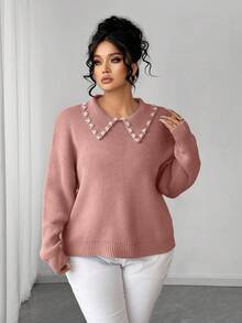 SHEIN Elenzya 女士珍珠领纯色简约套头毛衣 - 粉色 - 查看 3
