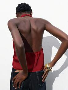 Maija Seksowny damski czerwony top z odkrytymi plecami i głębokim dekoltem, elegancki na dojazdy do pracy, do pracy, na Boże Narodzenie i Nowy Rok