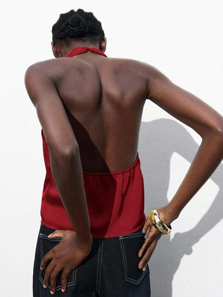 SHEIN Maija Women's Elegant Dark Red Plunging Neck Backless Halter Top,Summmer Party Beach Holiday Vacation Graduation Casual Blouses For Women